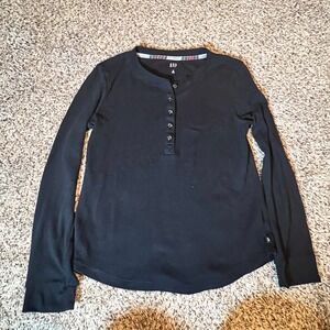 GAP Womens Black Waffle Knit Thermal Henley Long‎ Sleeve Top Shirt Size M Bella